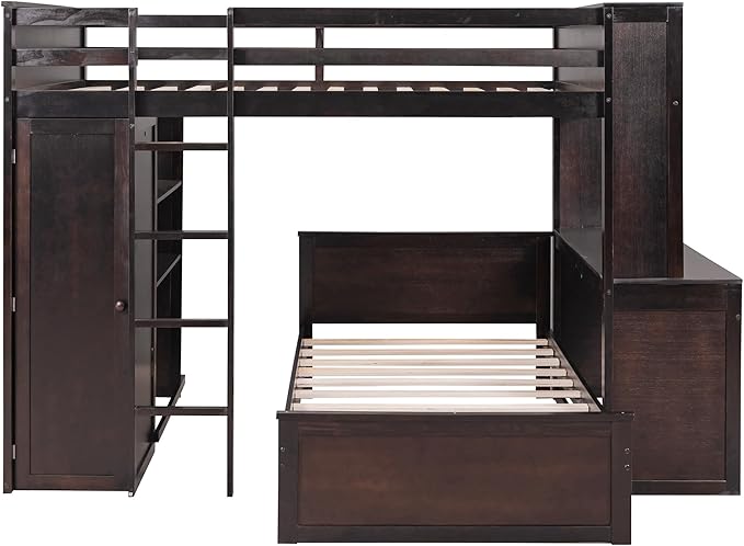 Full Size Loft Bed with Wardrobe Desk and Shelves, Solid Wood Bunk Stand-Alone - Image 7