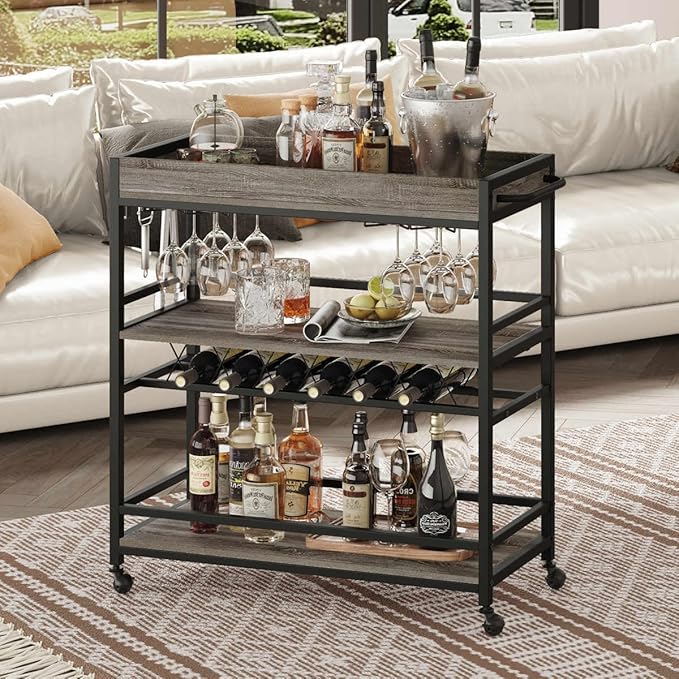 BON AUGURE Bar Cart, Home Bar Serving Cart on Wheels, Mobile 3 Tier Liquor - Image 8