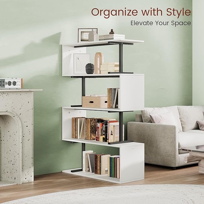 5-Tier Geometric Bookshelf, S Shaped Bookcase, 31.5" W x 58.3" H Wood - Image 3