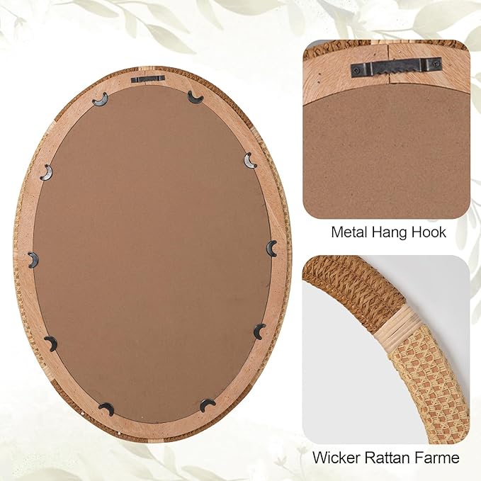 ULIKE Oval Rattan Wall Mirror, 22x30 Inch Rustic Farmhouse Wall Decor - Image 7