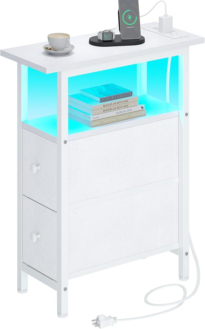End Table with Charging Station, Narrow Side Table with 2 Fabric Drawers by TRIFEBLE