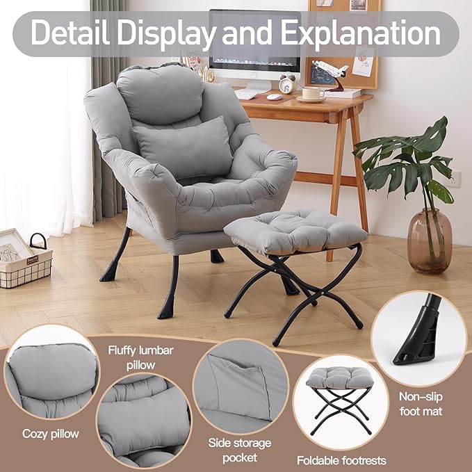 Lazy Chair with Ottoman, Modern Accent Chair with Lumbar Pillow, Comfy Chairs - Image 5