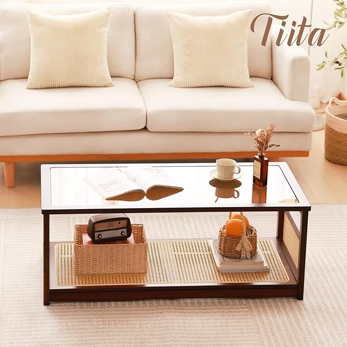 Tiita Coffee Tables for Living Room，Mid Century Modern Storage 2-Tier Coffee - Image 6