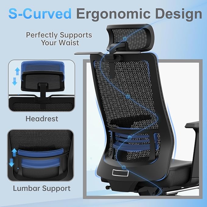 Ergonomic Office Chair, Adjustable Lumbar &Headrest, 3D Armrests, Silent Wheels - Image 3