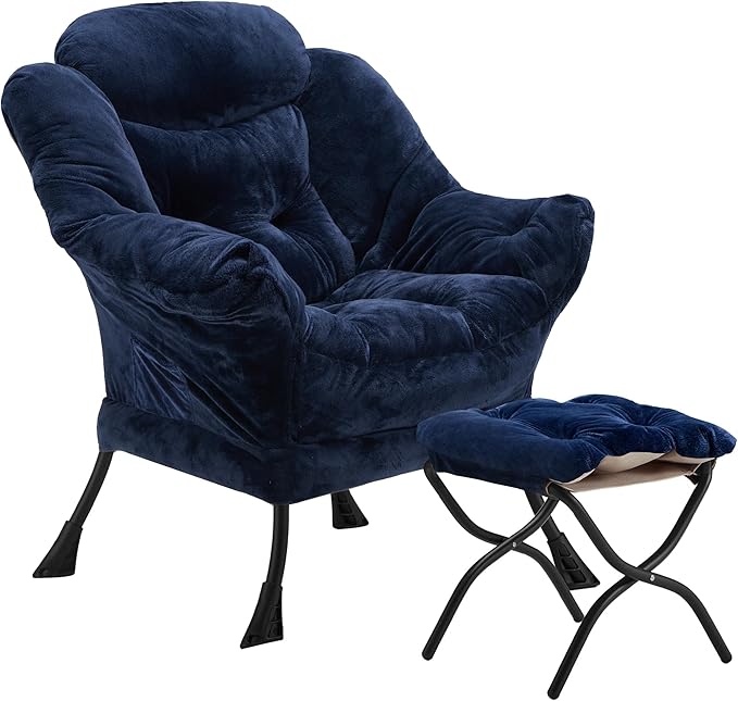 Lazy Chair with Folding Ottoman, Accent Chair Plush Upholstered with Metal by Youtanic