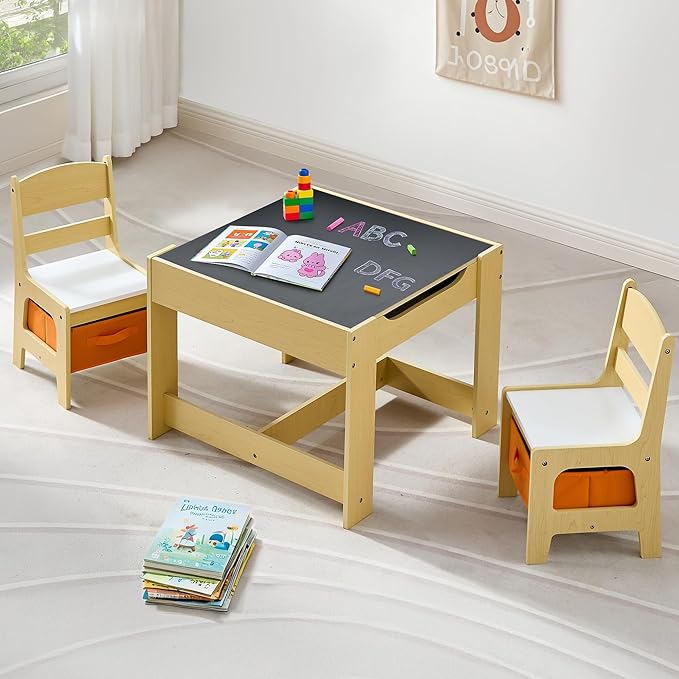 Kids Table and Chairs Set, 4 in 1 Wooden Kids Table by CuFun