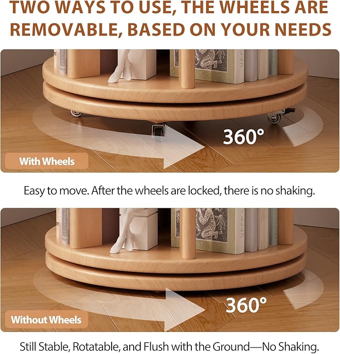 Solid Wood Rotating Bookshelf on Wheels, 4 Tier, Round Revolving Bookcase - Image 5