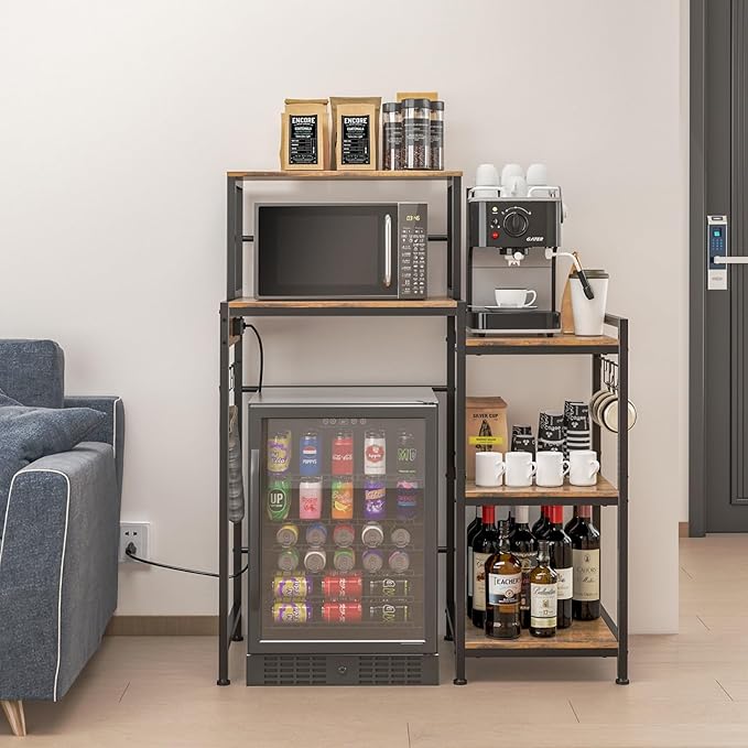 Mini Fridge Cabinet with Storage Shelves, Microwave Stand with Power Outlet - Image 9