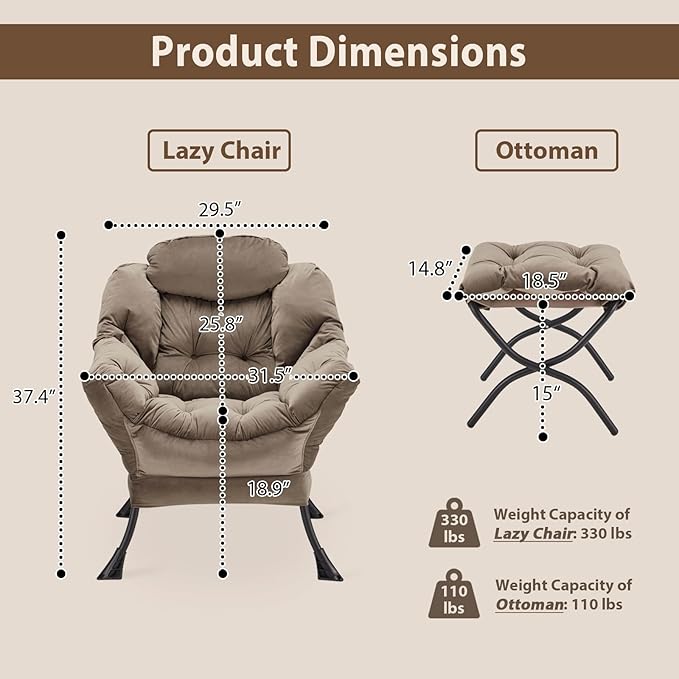 Lazy Chair with Folding Ottoman, Accent Chair Velvet Upholstered with Metal - Image 3