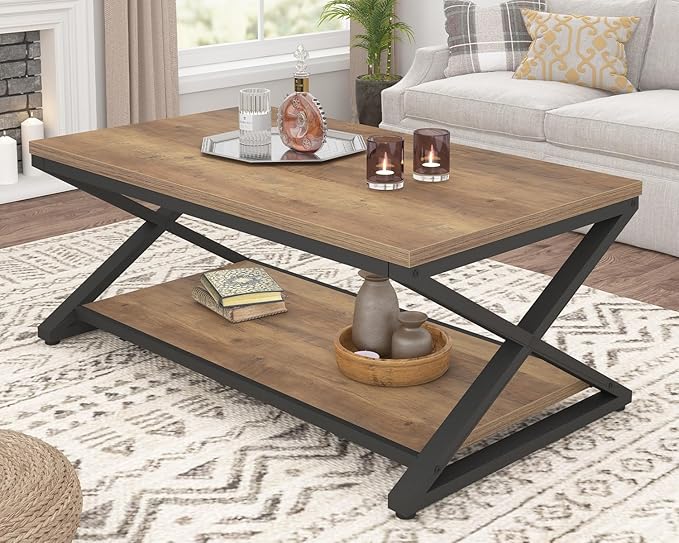 HSH Rustic Farmhouse Coffee Table, Modern Minimalist Wood and Metal Living Room by HOMESWEETHOME