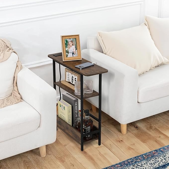 Narrow Side Table with USB-C Charging Station, 3-Tier Slim End Table with - Image 4