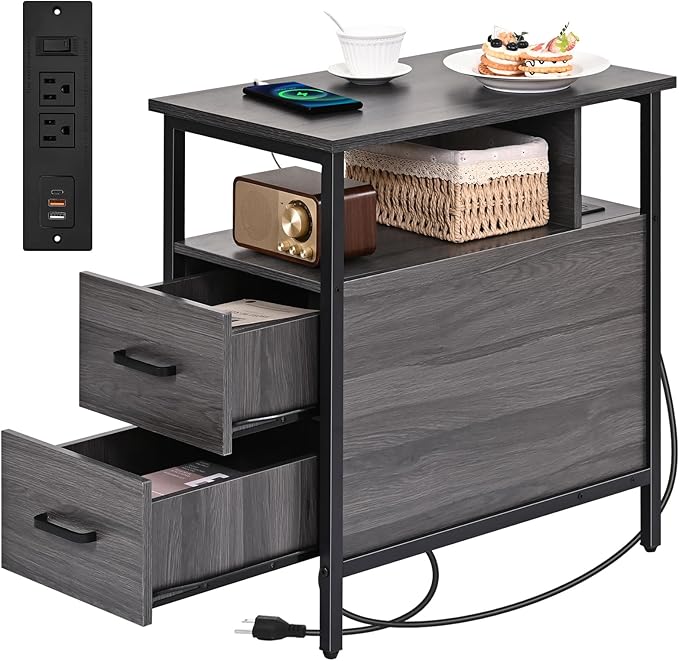 Side Table, End Tables with Charging Station, Narrow End Table with Wooden by Livofloral