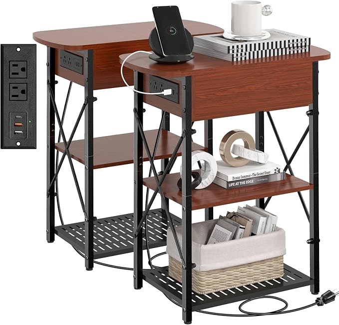 Narrow Side Table with Charging Station, End Tables Set of 2 by Livofloral