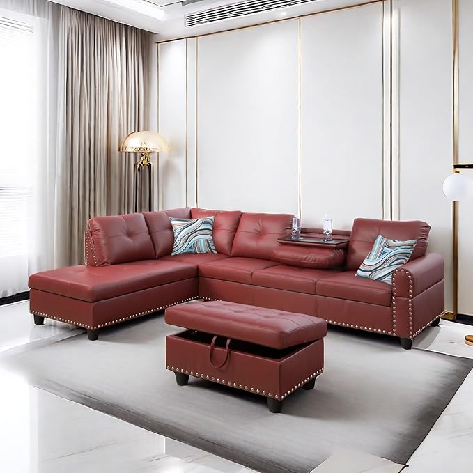 LeatherL Shaped Couch with Ottoman, Modern Nail-Head Design Comfy Sectional by GlasFlength