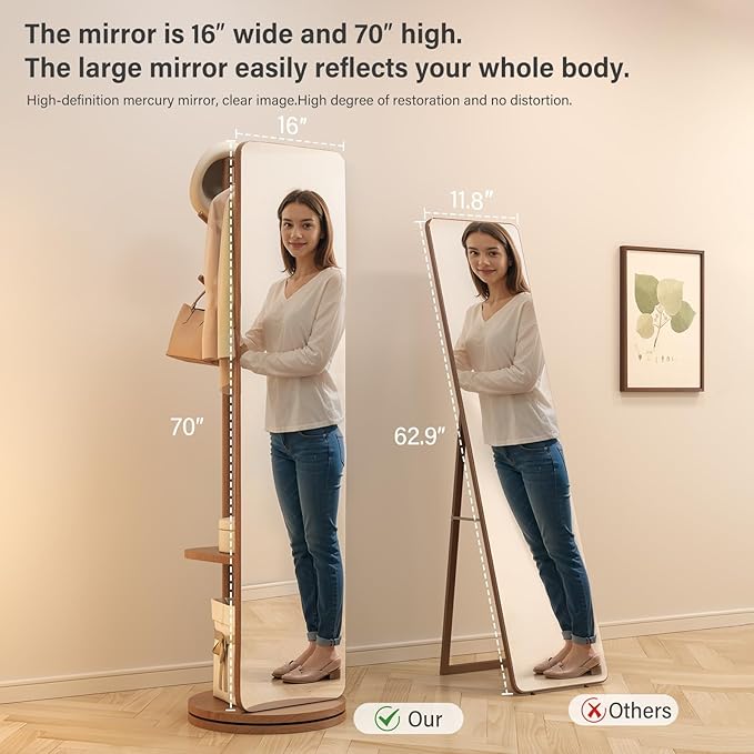 70"x16"Full Length Mirror with Stand, Coat Rack with Mirror, Solid Wood Floor - Image 3