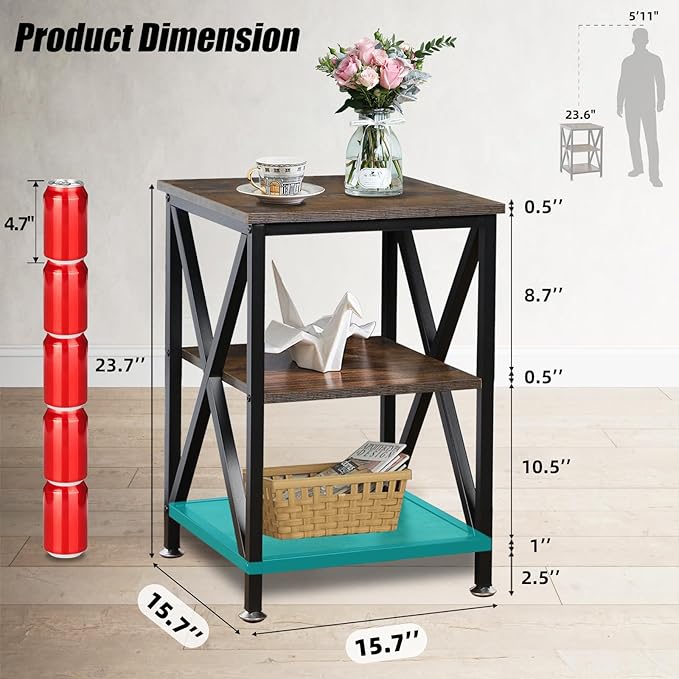 Square End Table with Storage Shelf, 3-Tier End Table Living Room, Rustic Brown - Image 3