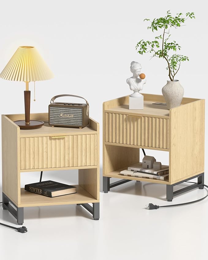 Fluted Night Stand Set 2 with Charging Station, Wood Nightstand with Large by DEMEGA