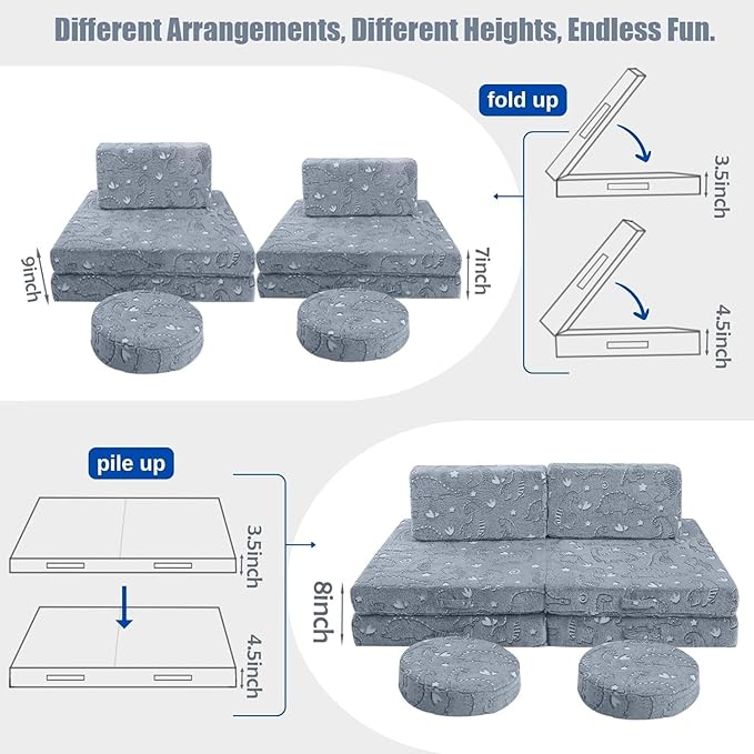 MeMoreCool 8-Piece Kids Modular Play Couch — Glow-in-The-Dark Dinosaur Foam - Image 6