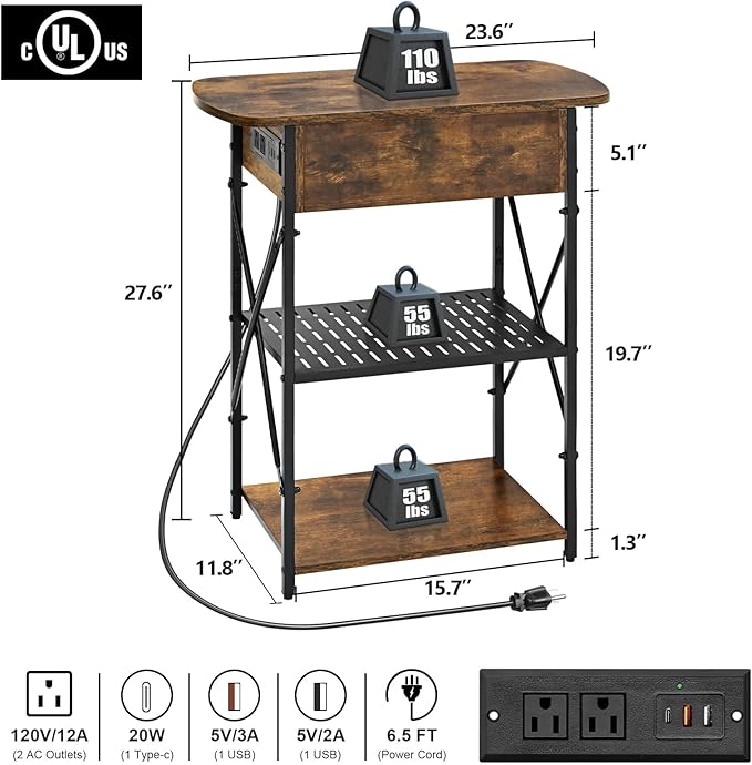Narrow End Table with Charging Station, Side Table with 3 USB Ports and 2 AC - Image 3
