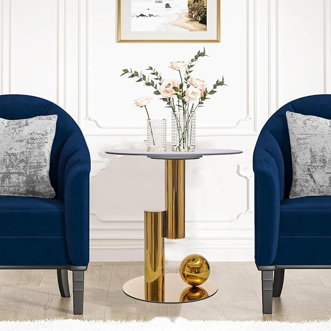 White Gold Round Side Table, 19.7" Faux Marble Sofa End Table, Modern Nightstand - Image 4