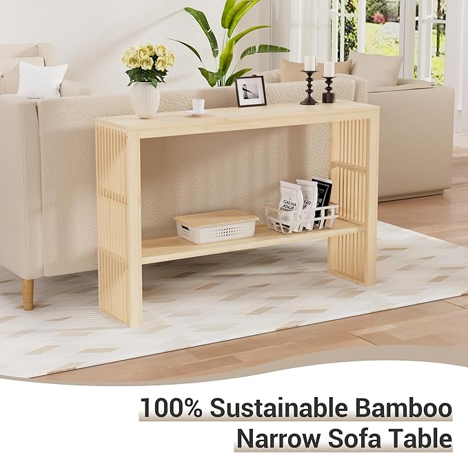 Bamboo Wood Entryway Table 47.2" Console Table, 2-Tier Farmhouse Narrow Sofa - Image 3
