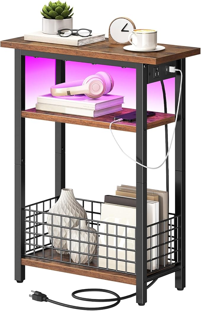 HOOBRO Narrow Side Table with Charging Station and LED Light, Small End Table by HOOBRO