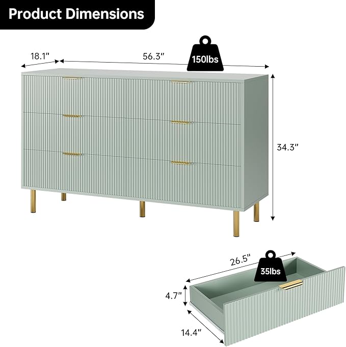 Green Dresser, Modern 6 Drawer Dresser - Image 2