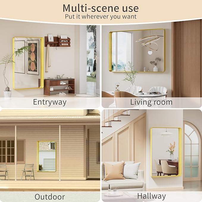 Koonmi Gold Wall Mirror for Bathroom, 36x55 Inch Matte Deep Framed Rounded - Image 9