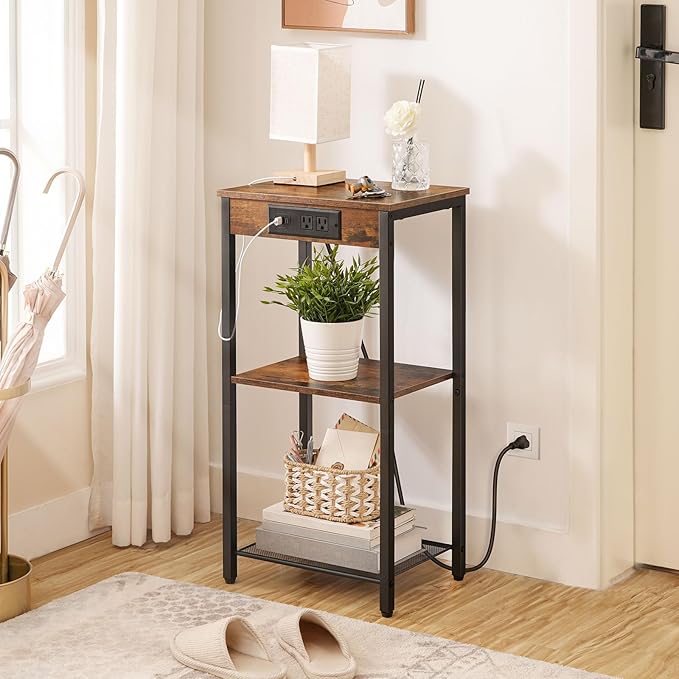HOOBRO Tall End Table with Charging Station, 30 Inch Tall Nightstand, 3-Tier - Image 6