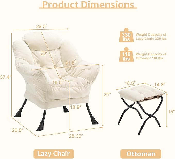 Fabric Lazy Chair with Ottoman, Oversized Upholstered Sofa Chair - Image 3