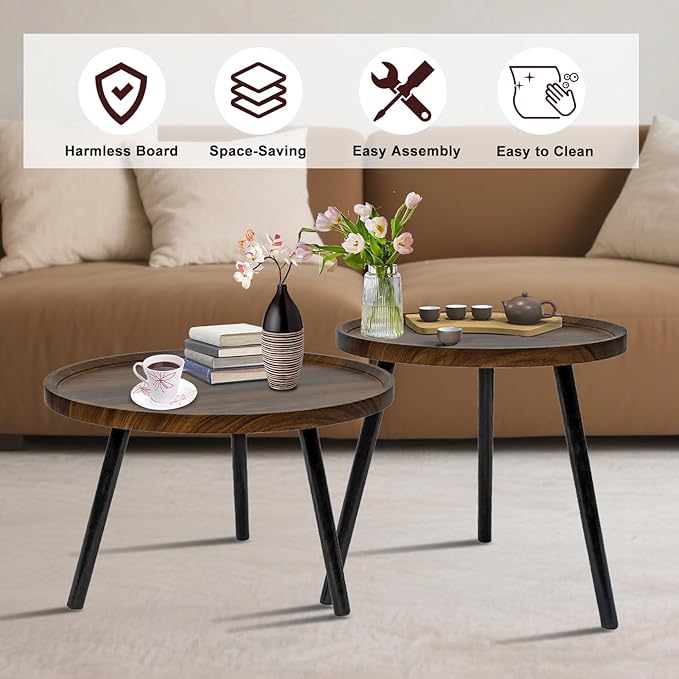 Jessie 2 Pcs Small Round Coffee Tables, Mid Century Modern Nesting Tables - Image 3