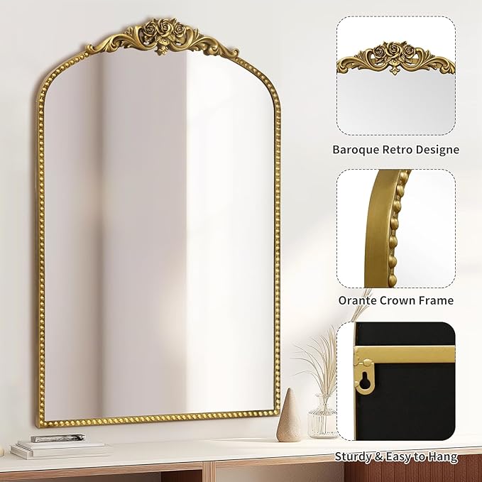 AIXI HOME Vintage Gold Arched Mirror 24"x36", Traditional Arendahl Antique - Image 5