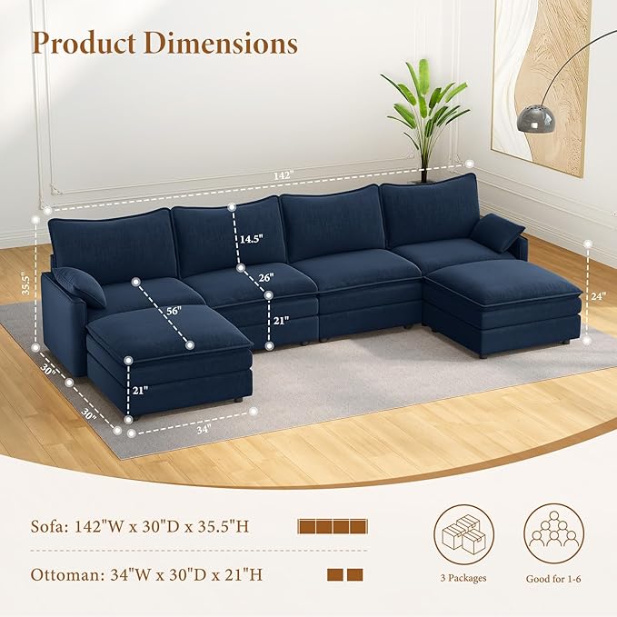 Vesgantti 142" U Shaped Sectional Couch, Comfy Cloud Modular Sectional Sofa - Image 2