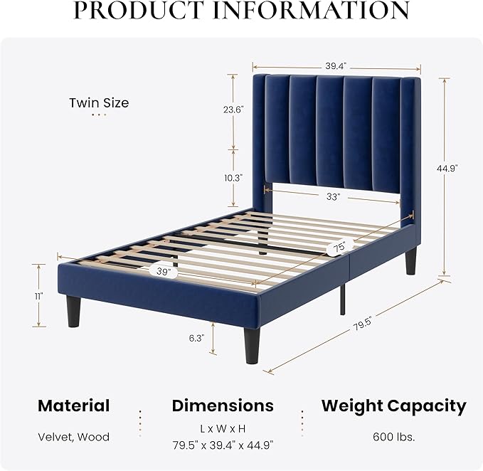 SHA CERLIN Twin Bed Frame/Velvet Upholstered Platform Bed Frame - Image 2