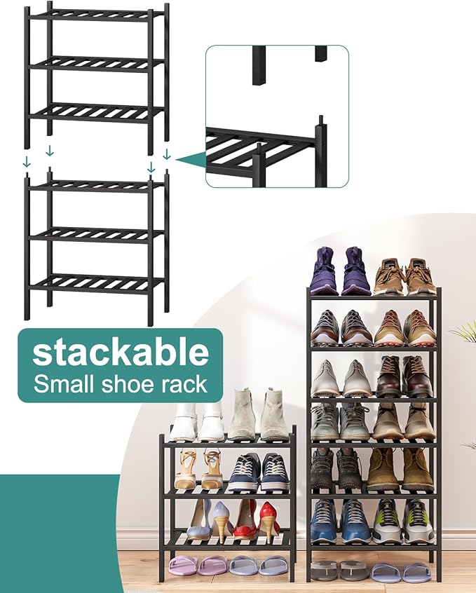 Small Shoe Rack for Entryway, 3-Tier Black Bamboo Shoe Organizer for Hallway - Image 5