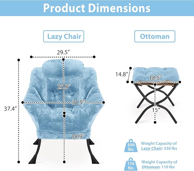 Lazy Chair with Folding Ottoman, Accent Chair Plush Upholstered with Metal - Image 3