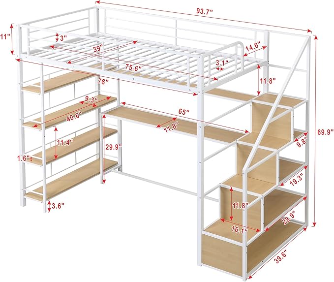 Twin Size Metal Loft Bed with Staircase, Full-Length Guardrails, a Built-in - Image 2
