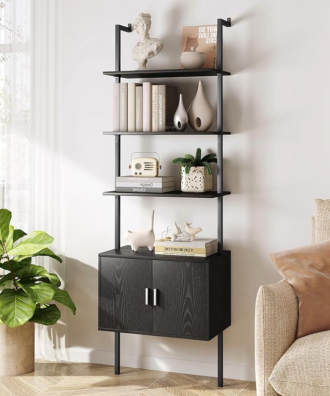 Yusong 73" Tall Bookshelf with Cabinet, Industrial Ladder Wall Mount Shelf - Image 6