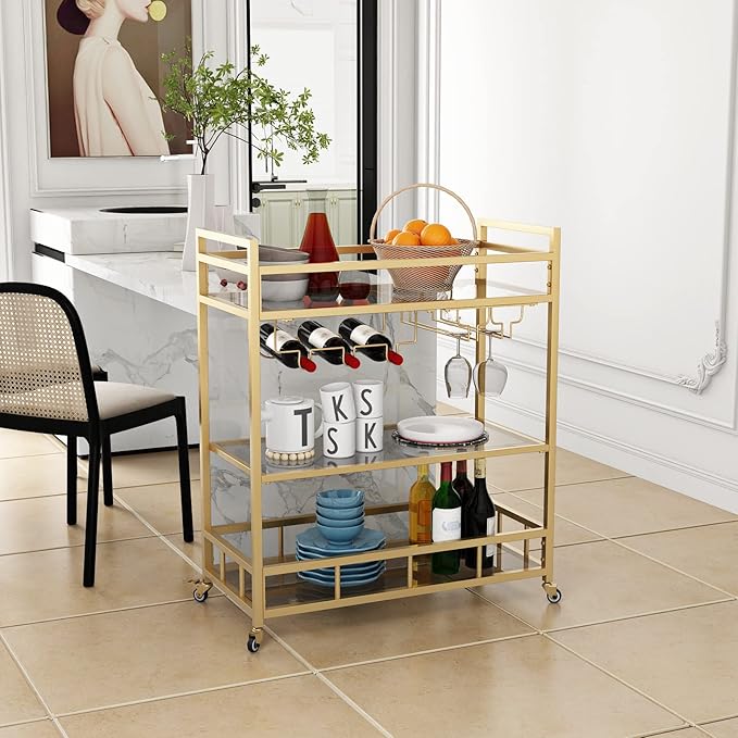 Bar Cart Gold with Bottle Storage and Wine Glass, Rolling Serving Bar Cart on - Image 3