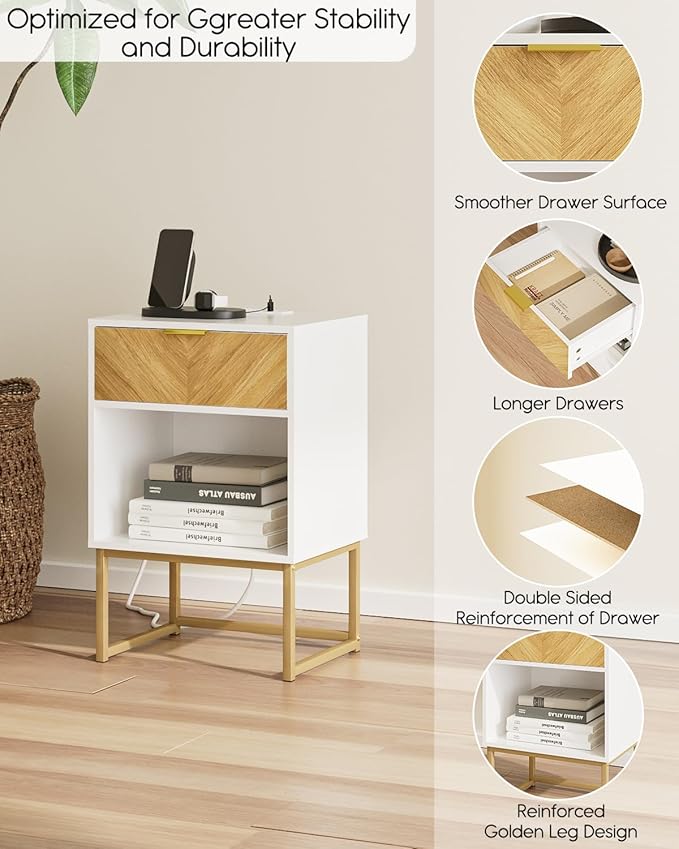 Nightstand with Charging Station, Boho Night Stand Wood Farmhouse Bedside Table - Image 7