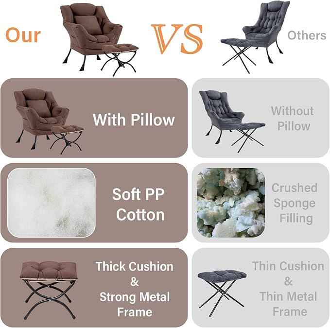 Lazy Chair with Ottoman, Comfy Reading Chair with Footstool & Pillow Modern - Image 7