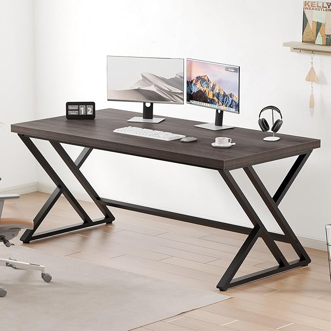LVB Modern Computer Desk, Industrial Home Office Desk, Metal Wood Writing Study - Image 4