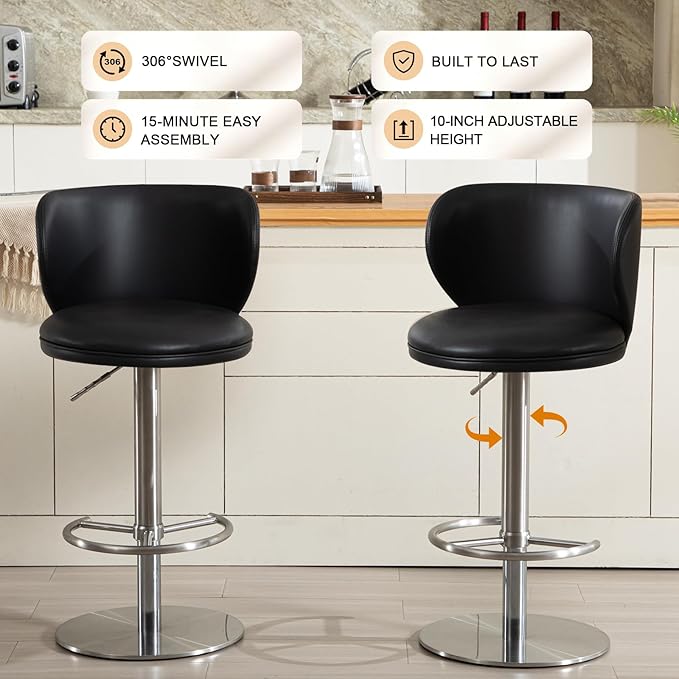 RAINMOOD Bar Stools, Adjustable Stainless Steel Swivel Barstools, Faux Leather - Image 4