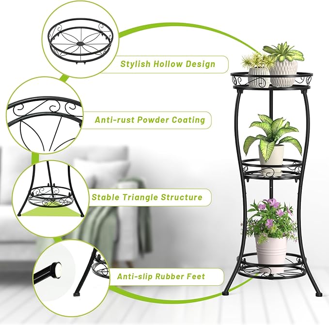 KMOTASUO 3 Tier Tall Metal Plant Stand, 33 Inch Plant Stands Indoor Outdoor - Image 3