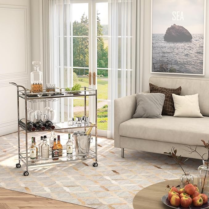 Bar Cart Silver, Home Bar Serving Cart, Modern Bar Cart - Image 9