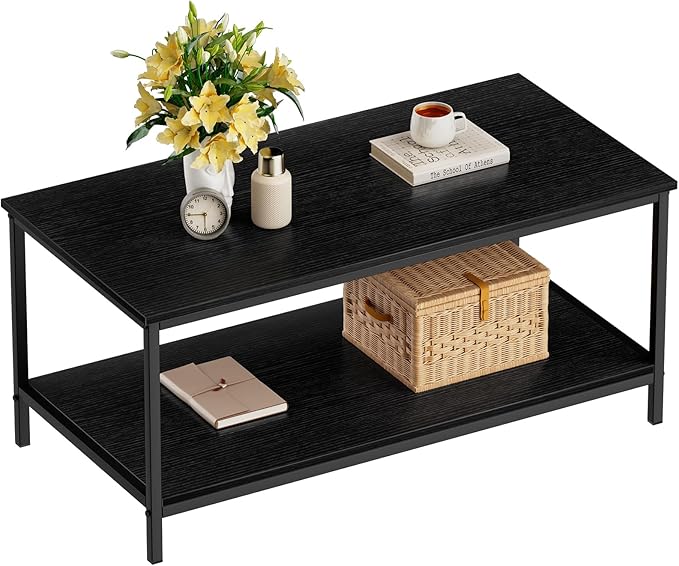 SAYGOER Black Coffee Table for Living Room Modern Rectangle 2-Tier Coffee Tables by Saygoer