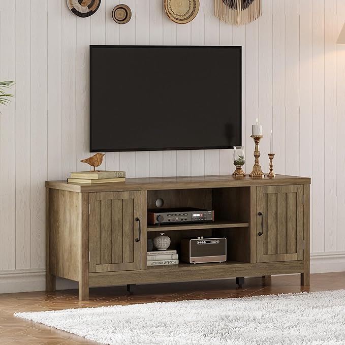 ChooChoo Farmhouse TV Stand, Wood Fluted Door Entertainment Center - Image 3