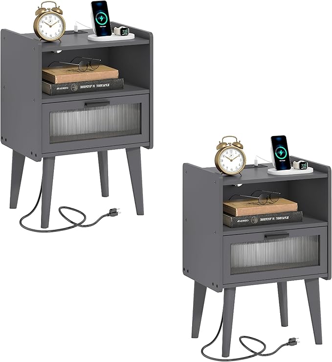 Nightstand with Charging Station, Bedside Tables Set of 2, End Table Side Table by MMEOLUOOK