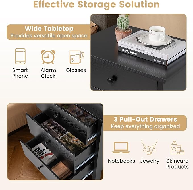 KOMFOTT 3 Drawers Nightstand, Wooden Bedside Table, Modern Sofa Side End Table - Image 6