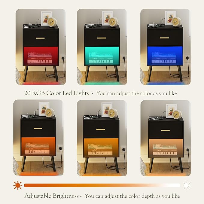 Nightstand with Charging Station and LED Lights, Small Side Table, Bedside - Image 3